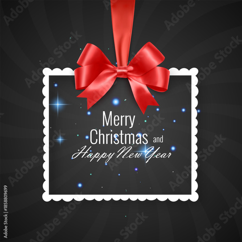 Merry Christmas and Happy New Year greeting card with a border is suspended by a realistic red satin ribbon with a voluminous bow. The background features a dark grey sunburst pattern