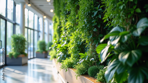 Vertical green wall in a modern office building lobby. Bright interior with natural light and blurred background for copy space. Biophilic design and sustainable concept..