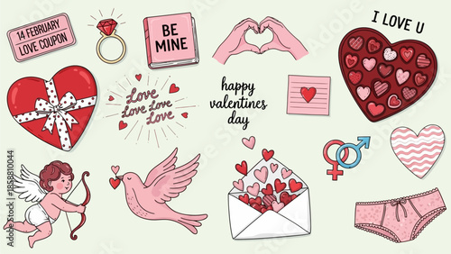 A delightful collection of hand-drawn Valentine's Day elements, celebrating love and romance with charming illustrations of hearts, cupid, gifts, and sweet treats for heartfelt designs