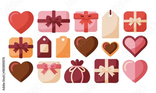 Romantic Valentines Day Gift Box And Heart Flat Vector Illustration, easily editable. 