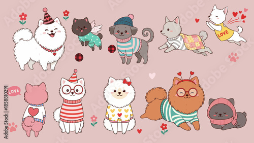 Charming ensemble of whimsical cartoon puppies and kittens, adorned with hearts and cozy apparel, perfect for Valentine's Day and heartwarming pet-themed projects