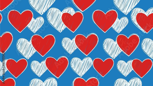 Vibrant Hand-Drawn Red and White Heart Pattern on a Blue Background, Perfect for Love-Themed Designs, Valentine's Day, and Romantic Celebrations