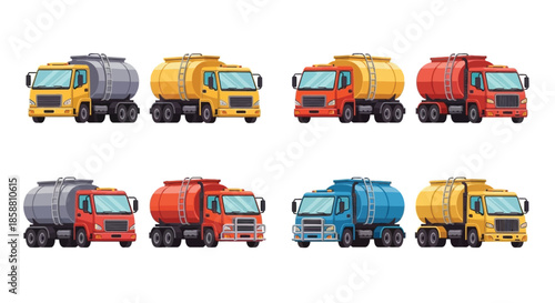Colorful pixel art depicting a row of various tanker trucks