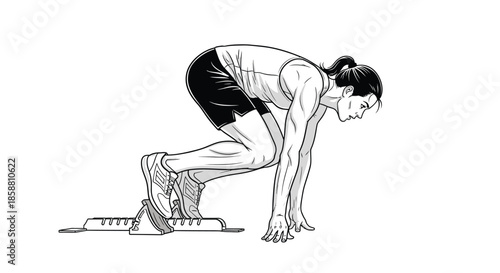Runner in starting blocks preparing for a sprint athletic pose illustration
