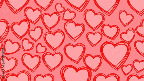 Abstract Seamless Pattern of Hand-Drawn Red Hearts on a Pink Background, Perfect for Valentine's Day, Love, and Romantic Designs