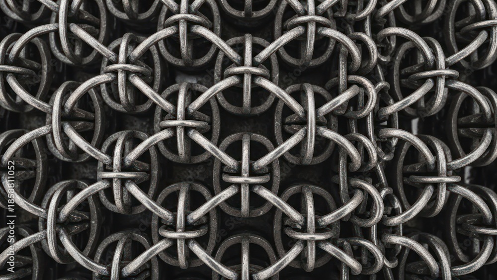 Fototapeta premium Intricate metallic weave, interlocking rings forming a textured, dark pattern