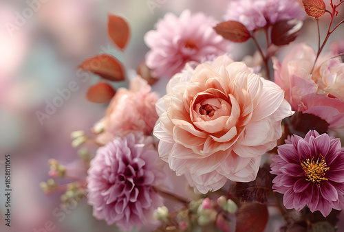 Summer blossoming delicate rose and dahlia blooming flowers festive background, pastel and soft bouquet floral card, toned
