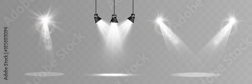 Stage spotlights with bright front light beams creating realistic illuminated areas on transparent background.
