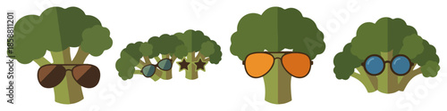 Broccoli with sunglasses Flat Vector Illustration on Transparent Background
