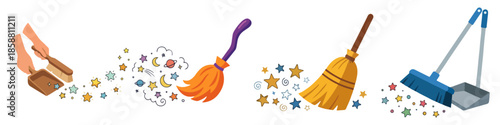 Broom sweeping doodle stars Flat Vector Illustration on Transparent Background