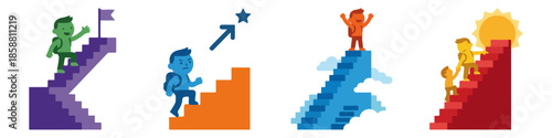 Character climbing stairs (progress) Flat Vector Illustration on Transparent Background