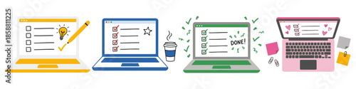 Laptop with doodle checklist Flat Vector Illustration on Transparent Background