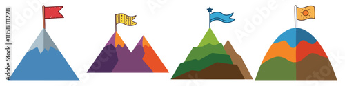 Mountain peak with doodle flag Flat Vector Illustration on Transparent Background