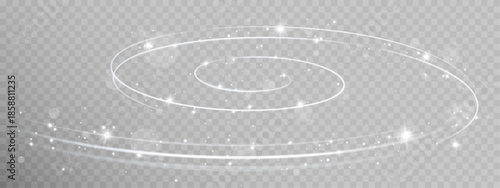 Elegant white light spiral with sparkling particles swirling in soft front light on transparent background.
