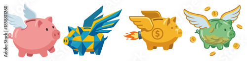 Piggy bank with wings Flat Vector Illustration on Transparent Background