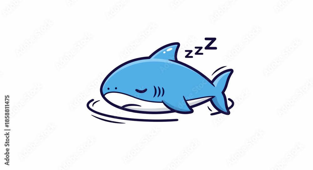 Fototapeta premium Cute Cartoon Blue Shark Sleeping Peacefully Underwater.