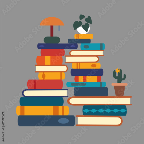 Vector illustration of stack of school books with houseplant and lamp on top.