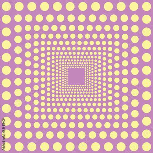 Pattern created by squares of pale yellow circles on a lavender background, getting progressively smaller