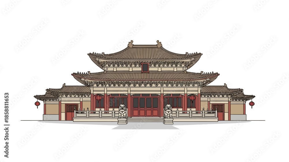 Obraz premium Detailed Illustration of a Traditional Chinese Temple Building