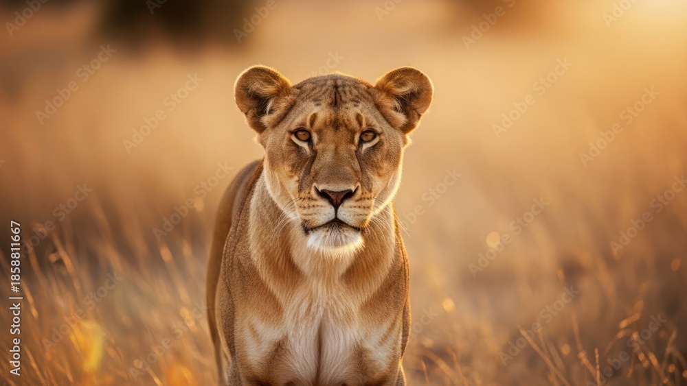 Fototapeta premium Majestic lioness emerges from sun-drenched golden grasses, intense gaze