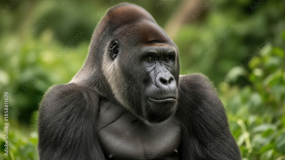 Obraz premium Majestic gorilla's powerful gaze amidst lush green foliage