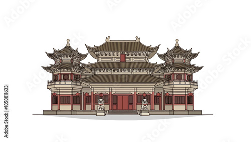 Detailed Vector Illustration of Traditional Chinese Temple Architecture
