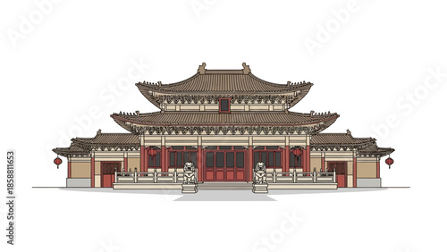 Detailed Illustration of a Traditional Chinese Temple Building