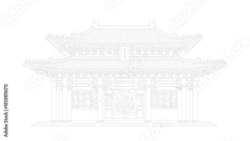 Detailed Line Art Depiction of Traditional Asian Temple Architecture