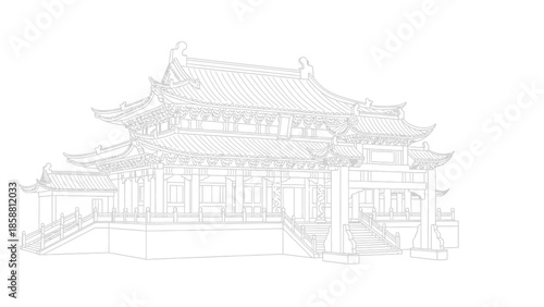 Detailed Line Art Depiction of Traditional Chinese Temple Architecture