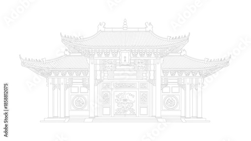 Detailed Line Art Depiction of Traditional Chinese Temple Architecture