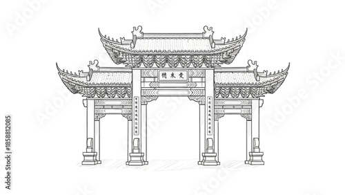 Detailed Black and White Chinese Archway with Intricate Roof and Columns