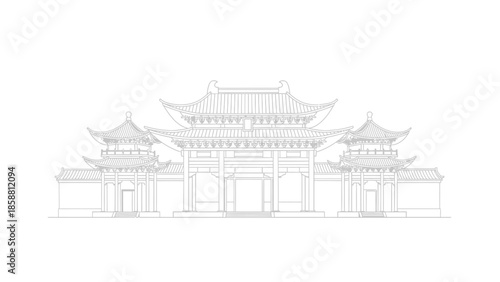 Detailed Line Art Illustration of Traditional Chinese Temple Architecture