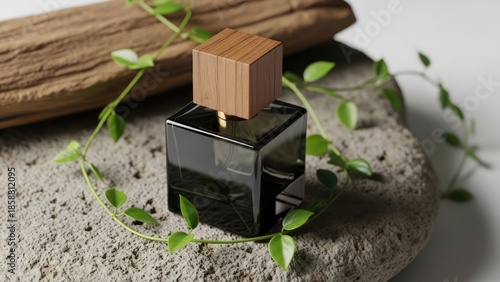 Minimalist perfume bottle on natural elements