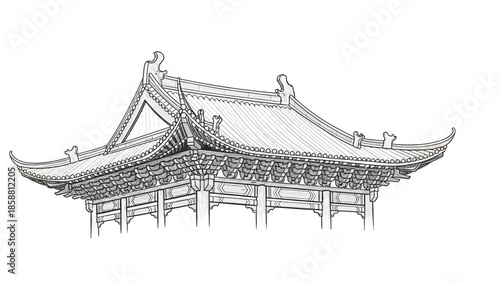 Detailed Black and White Sketch of Traditional Asian Pavilion Architecture