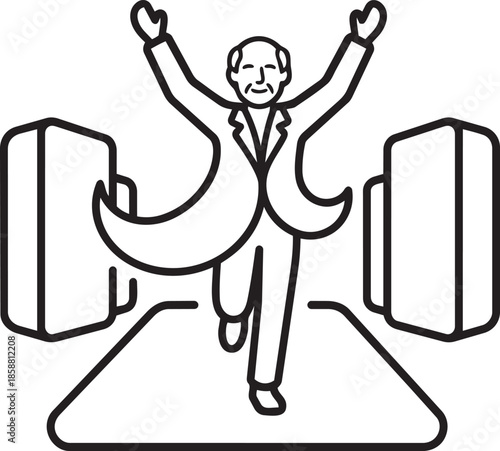 Elderly man running with arms raised in joy on a red carpet celebrating success