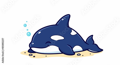 Cute cartoon killer whale resting on sandy seabed.