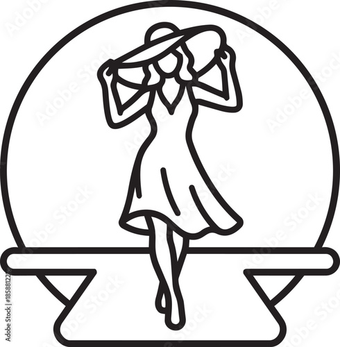 Elegant woman in a sun hat and dress posing on a catwalk or stage in a circle frame