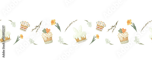 Cute duckling seamless border with easter cake and eggs.  hand drawn spring illustration with birds and holiday food for festive textile or paper print