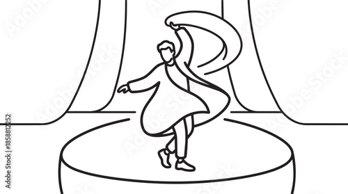 Energetic dancer spinning on a cylindrical stage holding a flowing scarf or fabric above head