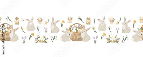 Easter bunny and basket seamless border with flowers. Vector hand drawn rabbit character with spring blossoms and festive cakes for greeting cards and nursery decoration
