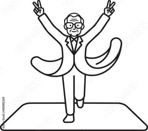 Happy elderly man with arms raised in victory pose on stage celebrating achievement