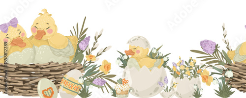 Cute duckling seamless border with easter cake and eggs. Vector hand drawn spring illustration with birds and holiday food for festive textile or paper print