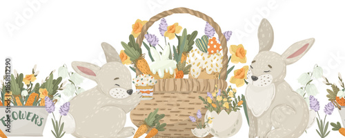 Easter bunny and basket seamless border with flowers. Vector hand drawn rabbit character with spring blossoms and festive cakes for greeting cards and nursery decoration