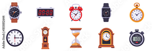 Timekeeping icon set with ten clock and timer types, collection, isolated flat style vector illustrations