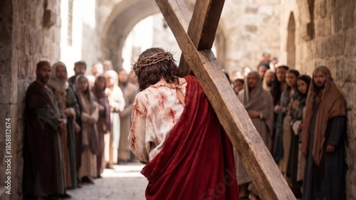 Jesus carrying the cross on the Via Dolorosa