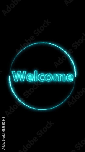 Animated glowing circle welcome intro motion graphics vertical video. Neon welcome animation digital title sequence opening screen vertical video.