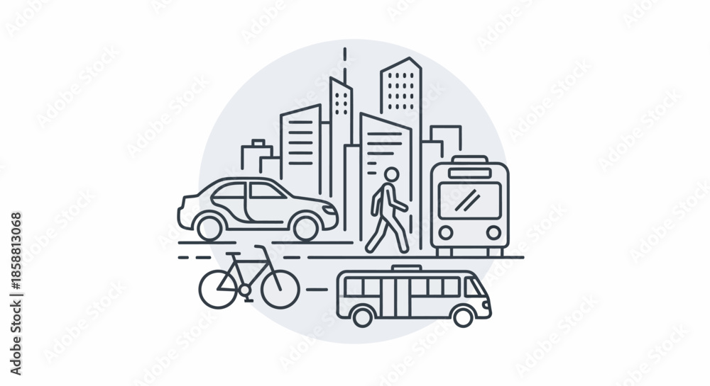 Fototapeta premium City transportation with cars, buses, bicycles, and pedestrians.