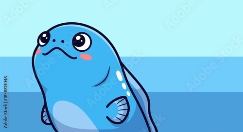 Cute blue cartoon fish with big eyes looking up.