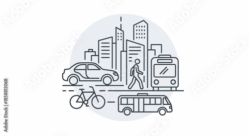 City transportation with cars, buses, bicycles, and pedestrians.