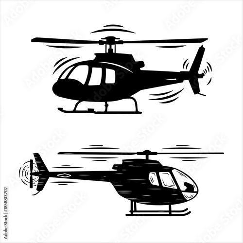 Black helicopter aircraft silhouettes, aviation transport icons